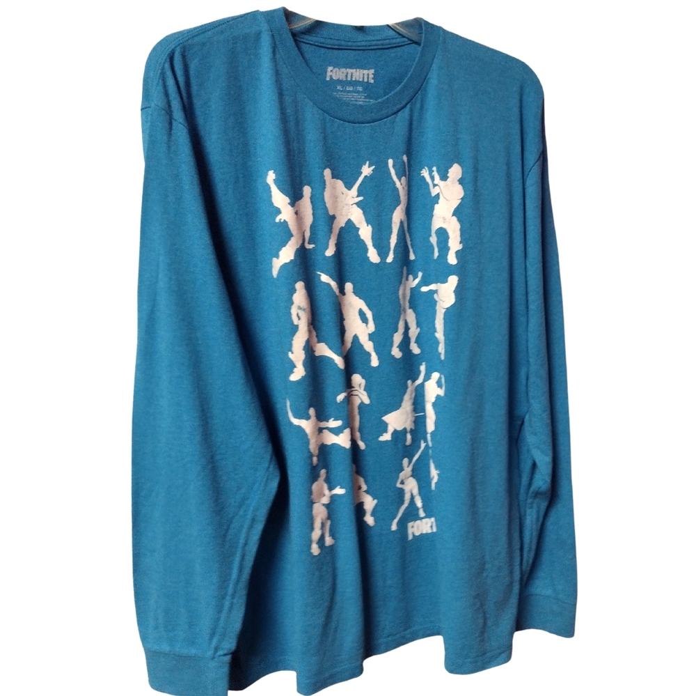 E) Fortnite Men’s Long Sleeve Graphic Tee – Size XL Blue Emote Dance Silhouette